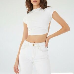 ARE YOU AM I Sanna Backless Back Ties Cropped Tee, White, XL